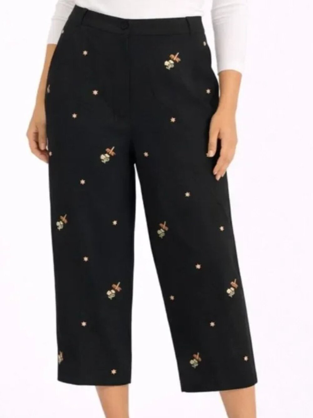 Alfred Dunner Fun dragonfly flower embroidered Capri Pants Sz 12 elastic waist